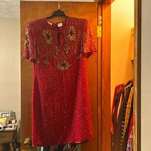 Vintage Night Vogue 100% silk beads and sequins red dress . L@@ k!